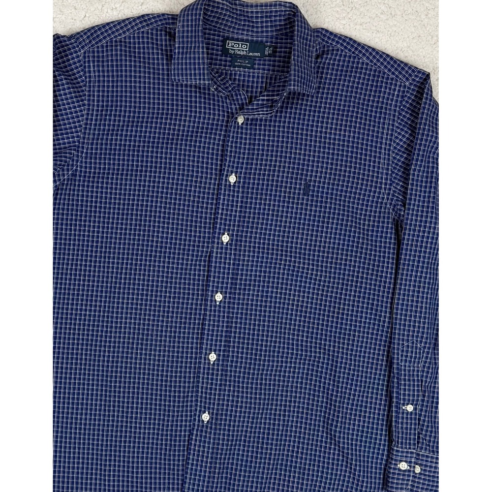 Polo Ralph Lauren Philip Shirt Mens 16.5 34/35 Blue Check Grid Cotton Vintage